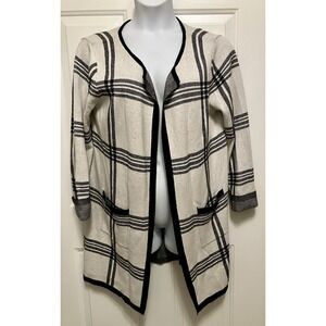 ELLE Cardigan Women's XL Open Front Long Sweater 3/4 Sleeve‎ Black Ivory Plaid